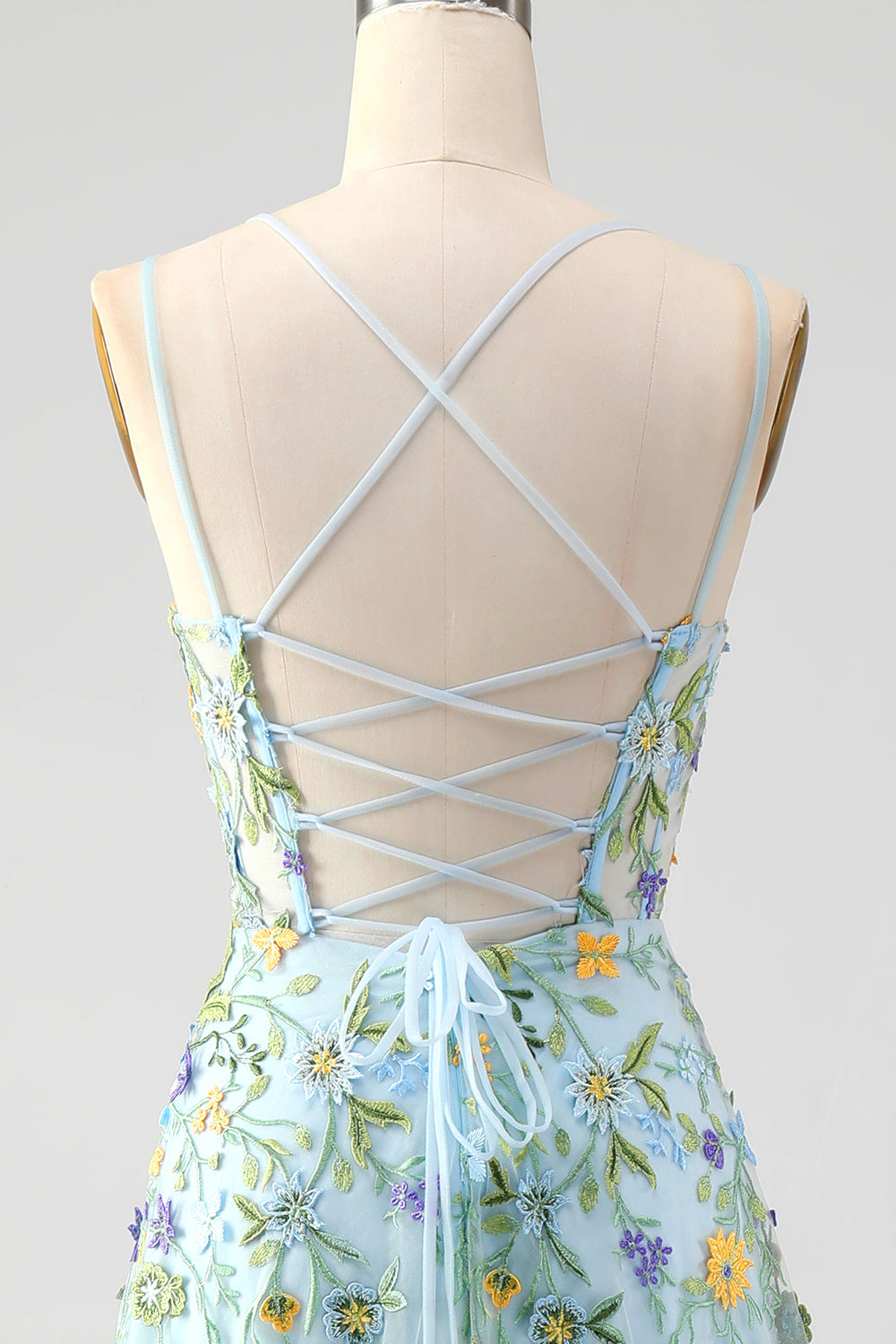 Fiore blu una linea di spaghetti spalline corsetto ricamato Abito da cerimonia con fessura
