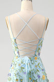 Fiore blu una linea di spaghetti spalline corsetto ricamato Abito da cerimonia con fessura