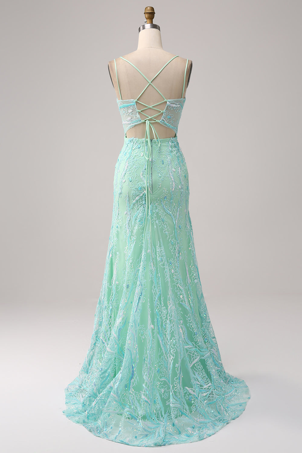 Sirena verde Spaghetti Straps Paillettes Abito da ballo lungo con fessura