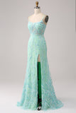 Sirena verde Spaghetti Straps Paillettes Abito da ballo lungo con fessura