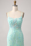 Sirena verde Spaghetti Straps Paillettes Abito da ballo lungo con fessura