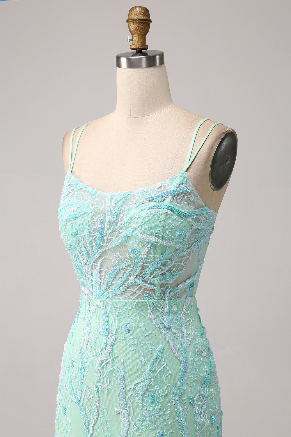 Sirena verde Spaghetti Straps Paillettes Abito da ballo lungo con fessura