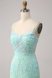 Sirena verde Spaghetti Straps Paillettes Abito da ballo lungo con fessura
