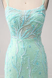 Sirena verde Spaghetti Straps Paillettes Abito da ballo lungo con fessura