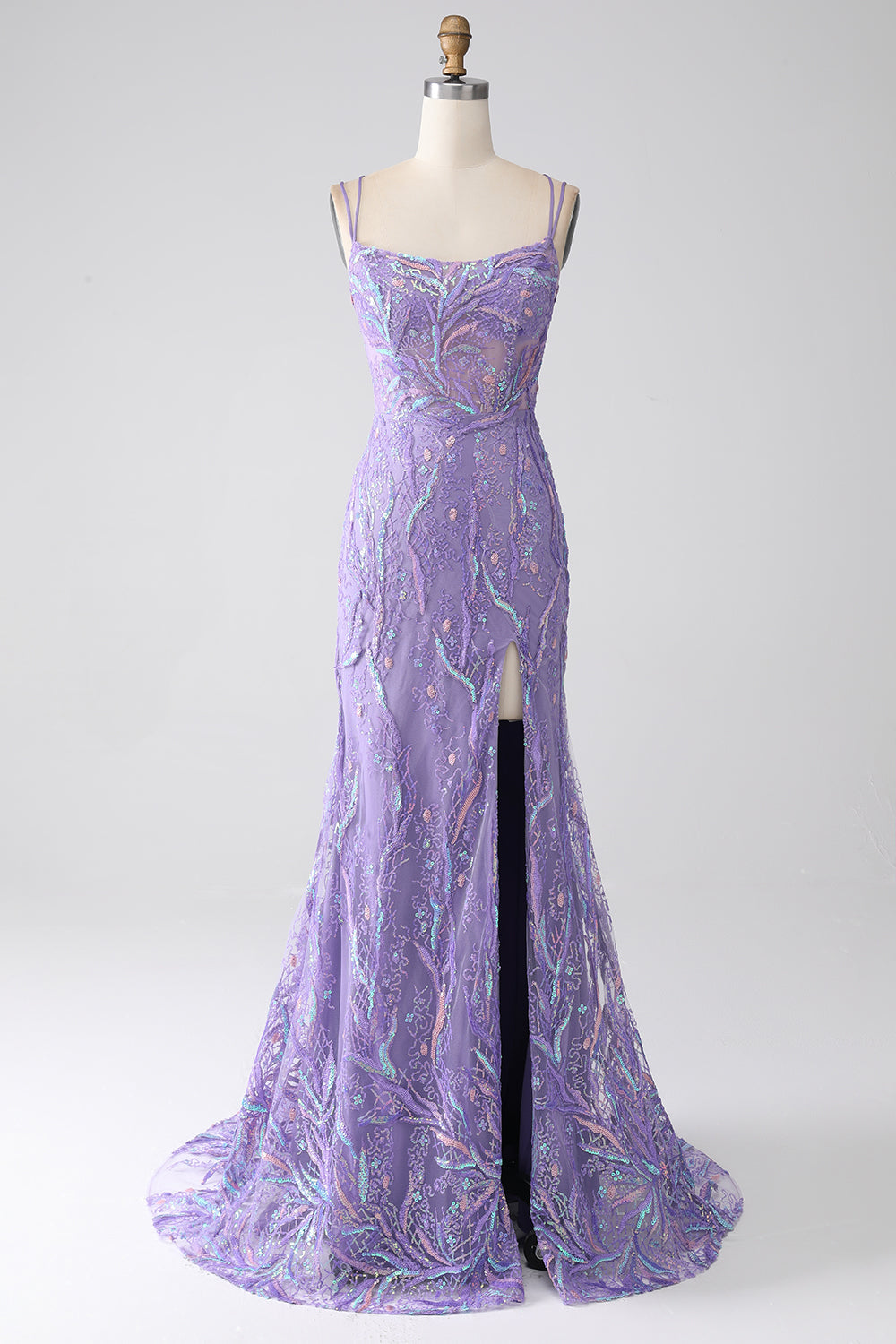 Sirena verde Spaghetti Straps Paillettes Abito da ballo lungo con fessura