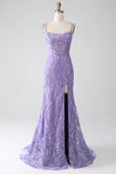 Sirena verde Spaghetti Straps Paillettes Abito da ballo lungo con fessura