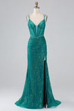 Verde scuro Scintillante Sirena Spalline sottili Corsetto Abito da ballo con fessura