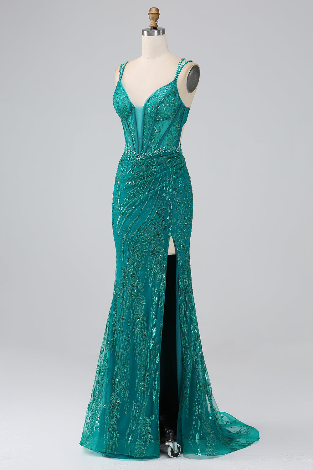 Verde scuro Scintillante Sirena Spalline sottili Corsetto Abito da ballo con fessura