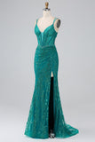 Verde scuro Scintillante Sirena Spalline sottili Corsetto Abito da ballo con fessura