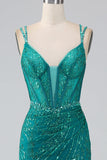 Verde scuro Scintillante Sirena Spalline sottili Corsetto Abito da ballo con fessura