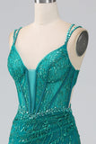 Verde scuro Scintillante Sirena Spalline sottili Corsetto Abito da ballo con fessura
