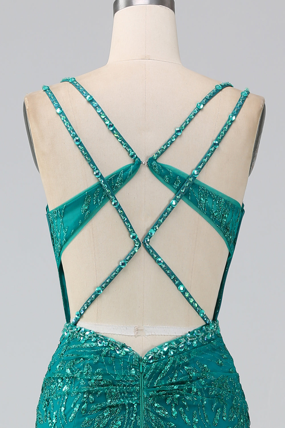 Verde scuro Scintillante Sirena Spalline sottili Corsetto Abito da ballo con fessura