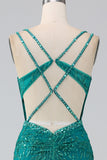 Verde scuro Scintillante Sirena Spalline sottili Corsetto Abito da ballo con fessura
