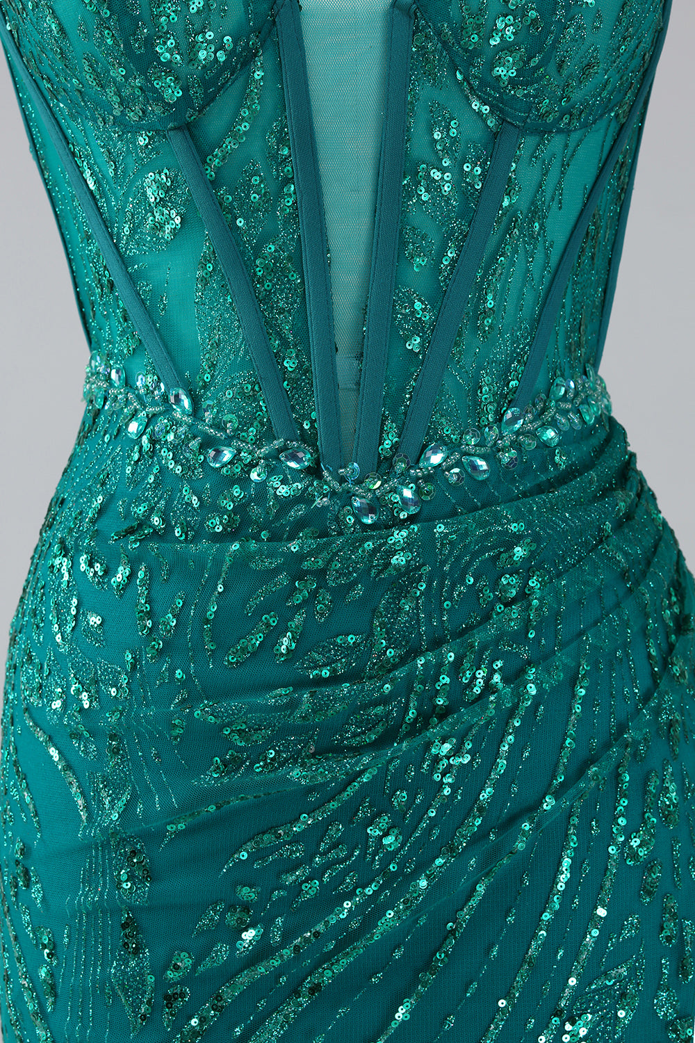 Verde scuro Scintillante Sirena Spalline sottili Corsetto Abito da ballo con fessura