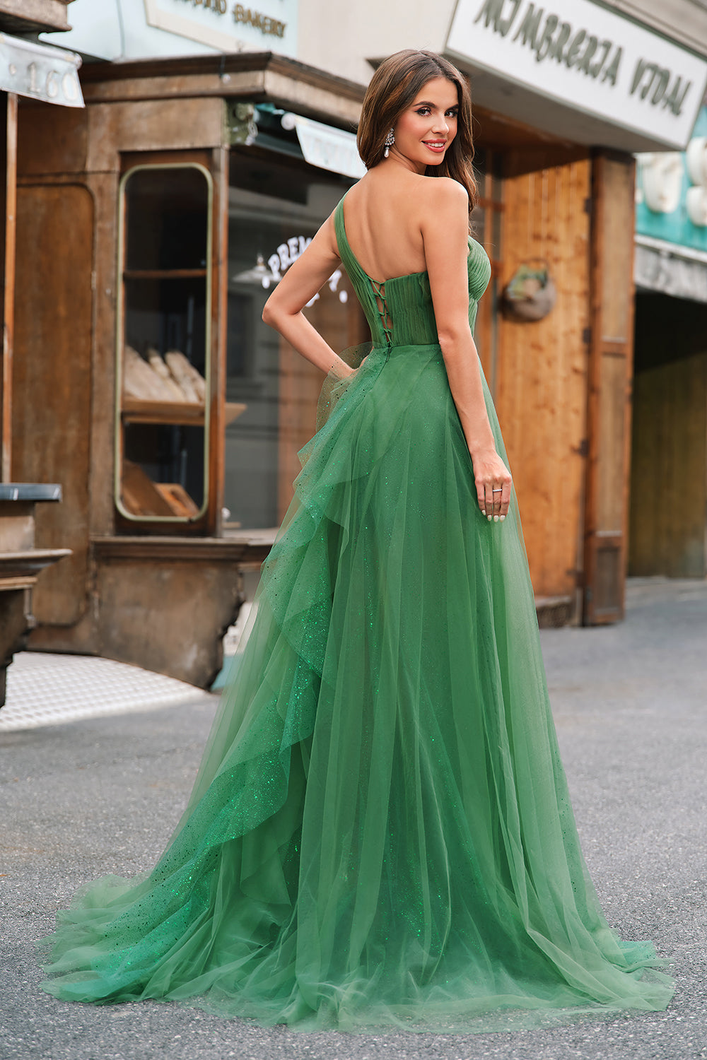 Verde scuro Tulle A-Line Monospalla Abiti Lunghi Prom