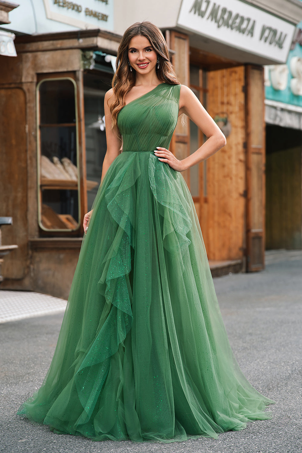 Verde scuro Tulle A-Line Monospalla Abiti Lunghi Prom