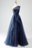 Verde scuro Tulle A-Line Monospalla Abiti Lunghi Prom