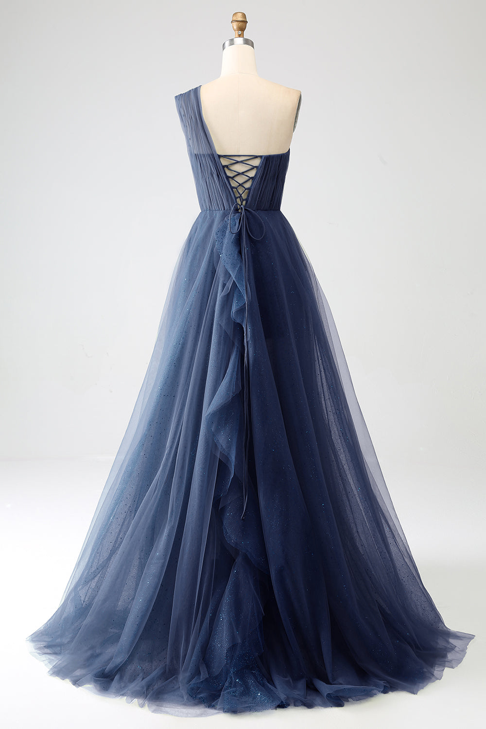 Verde scuro Tulle A-Line Monospalla Abiti Lunghi Prom