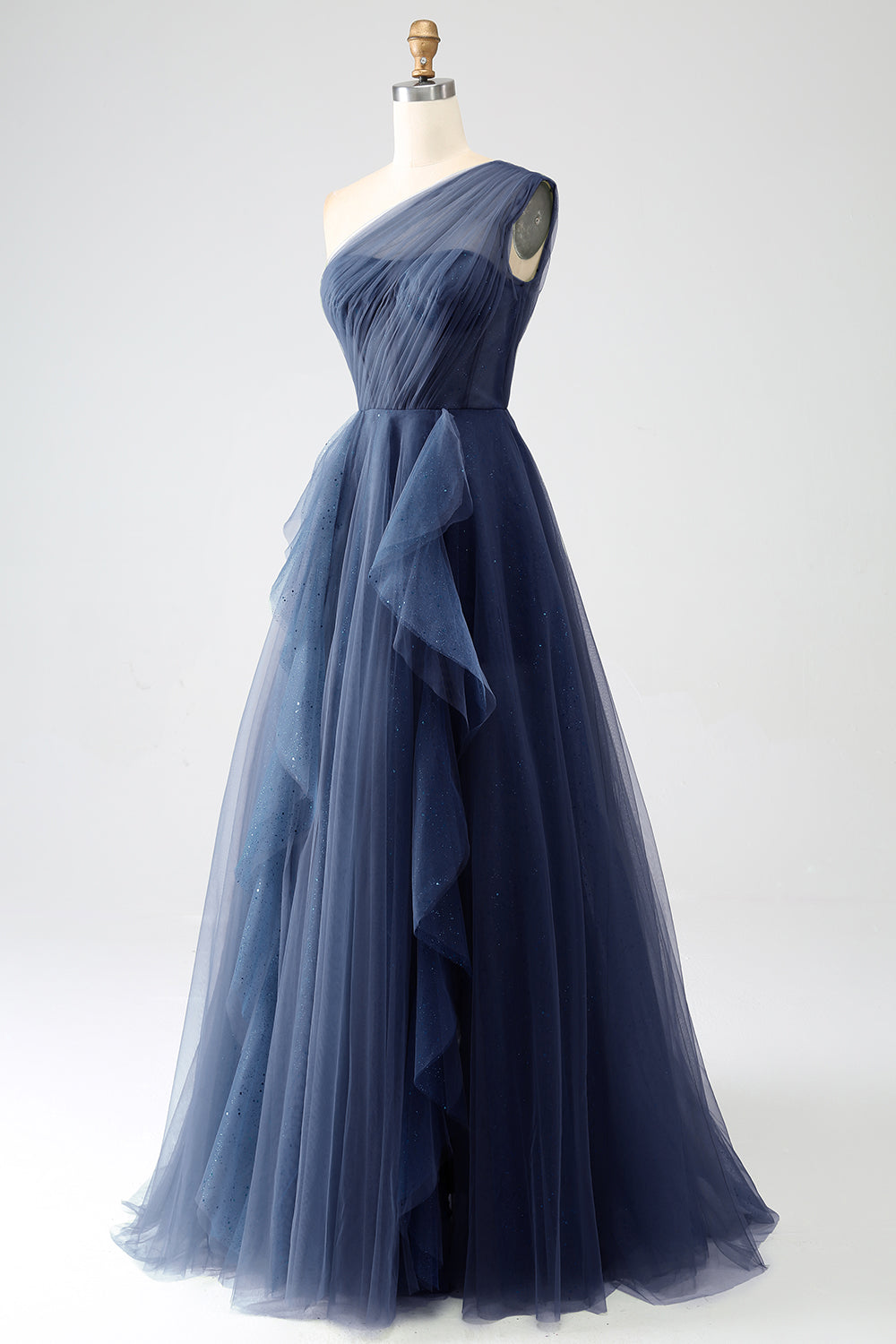 Verde scuro Tulle A-Line Monospalla Abiti Lunghi Prom