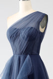 Verde scuro Tulle A-Line Monospalla Abiti Lunghi Prom