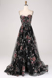 Nero A-Line Fiore Paillettes Corsetto Lungo Prom Dress