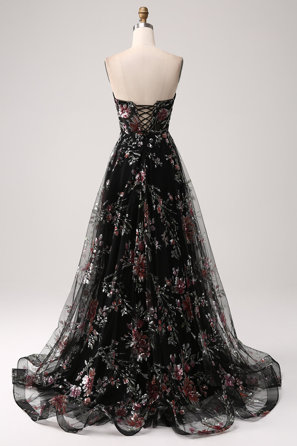 Nero A-Line Fiore Paillettes Corsetto Lungo Prom Dress