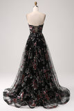Nero A-Line Fiore Paillettes Corsetto Lungo Prom Dress