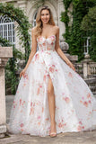 Avorio Fiore Ricamato Corsetto Lungo Abito da ballo con Fessura