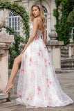 Avorio Fiore Ricamato Corsetto Lungo Abito da ballo con Fessura