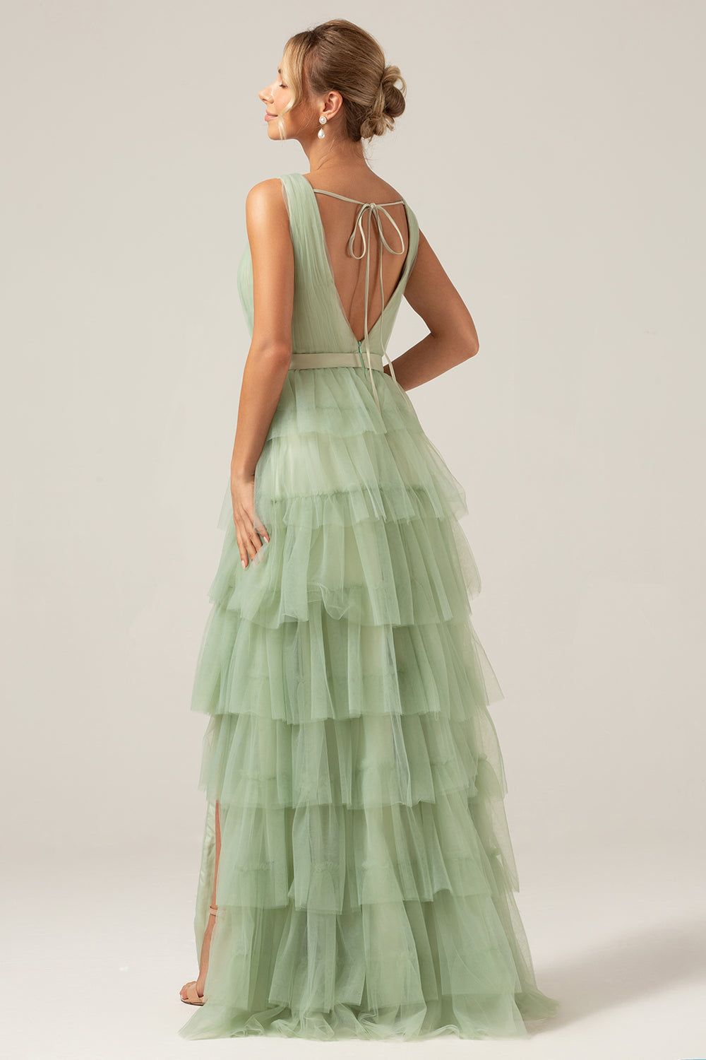 Verde Stratificato A Line Scollo A V Tulle Abito Lungo Cerimonia Con Fessura