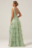 Verde Stratificato A Line Scollo A V Tulle Abito Lungo Cerimonia Con Fessura