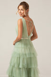 Verde Stratificato A Line Scollo A V Tulle Abito Lungo Cerimonia Con Fessura