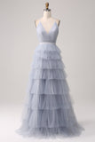 Grigio Blu A Line Tiered Tulle Backless Abito Lungo Prom