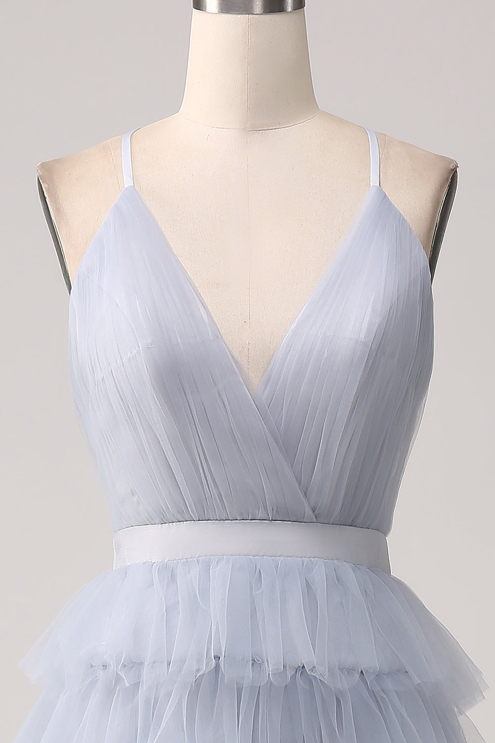 Grigio Blu A Line Tiered Tulle Backless Abito Lungo Prom