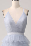 Grigio Blu A Line Tiered Tulle Backless Abito Lungo Prom