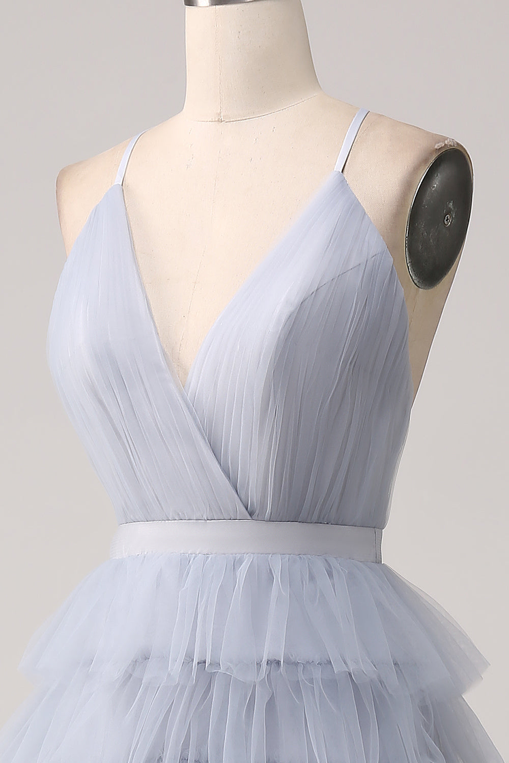 Grigio Blu A Line Tiered Tulle Backless Abito Lungo Prom