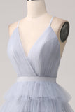 Grigio Blu A Line Tiered Tulle Backless Abito Lungo Prom