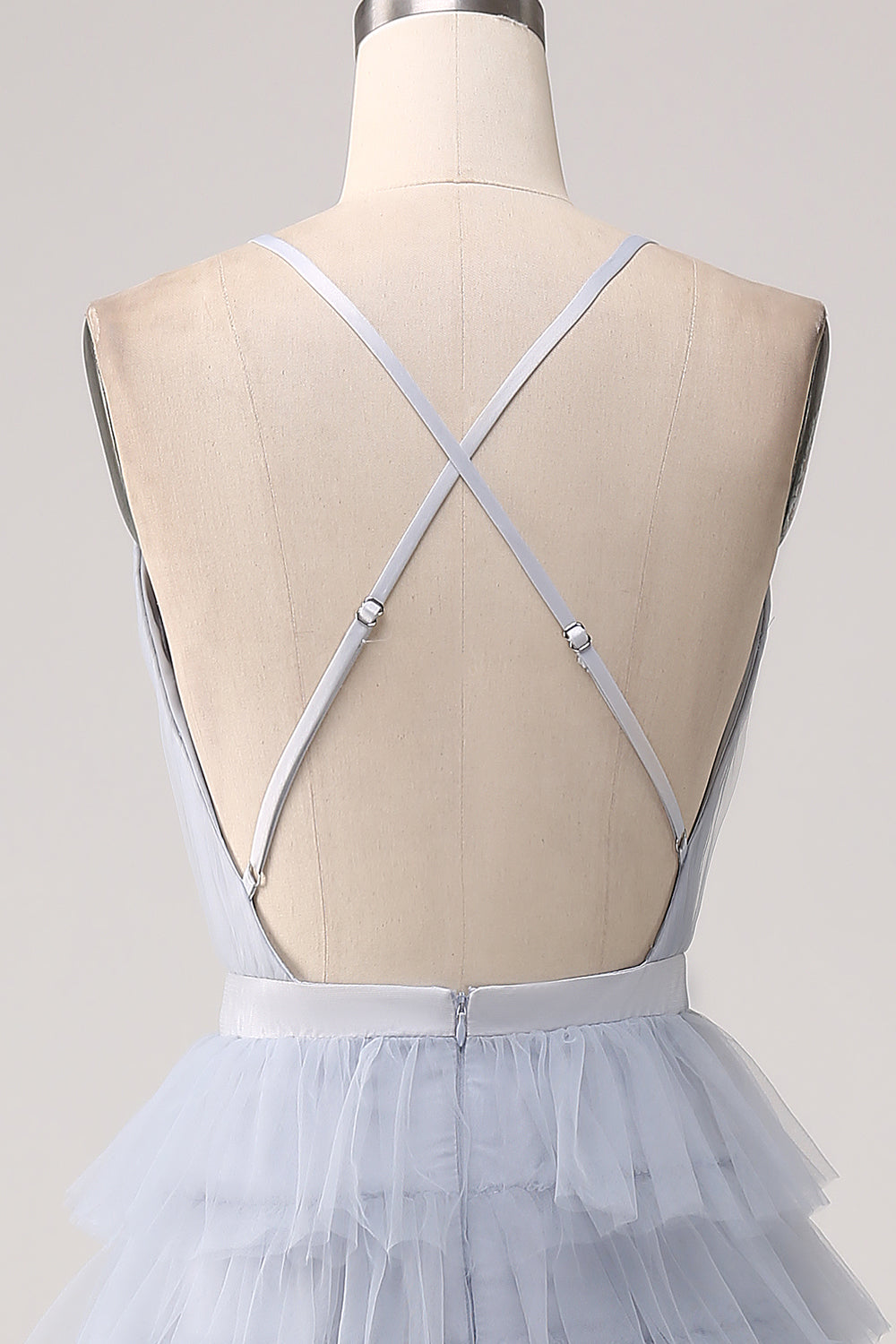 Grigio Blu A Line Tiered Tulle Backless Abito Lungo Prom
