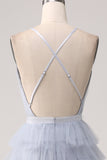 Grigio Blu A Line Tiered Tulle Backless Abito Lungo Prom
