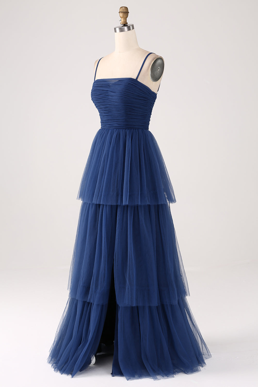 A Line Spaghetti Straps Abito da ballo plissettato in tulle a più livelli con fessura