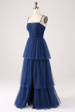 A Line Spaghetti Straps Abito da ballo plissettato in tulle a più livelli con fessura