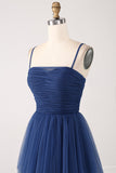 A Line Spaghetti Straps Abito da ballo plissettato in tulle a più livelli con fessura