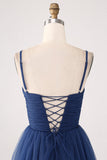 A Line Spaghetti Straps Abito da ballo plissettato in tulle a più livelli con fessura