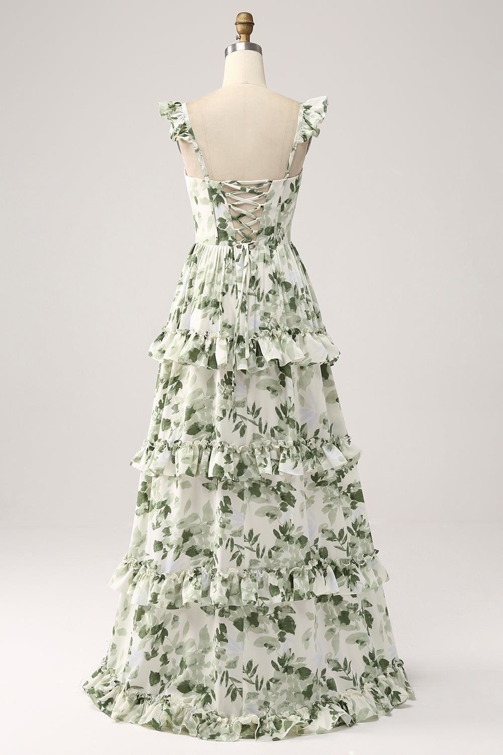 Verde floreale volant a più livelli Prom Dress con fessura