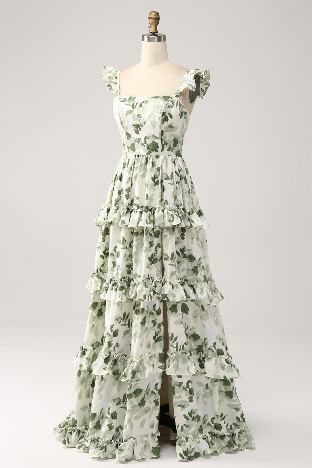 Verde floreale volant a più livelli Prom Dress con fessura