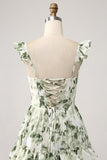 Verde floreale volant a più livelli Prom Dress con fessura