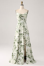 Collo ad anello verde floreale A Line Prom Dress con fessura