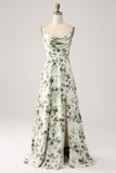 Collo ad anello verde floreale A Line Prom Dress con fessura