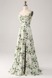 Collo ad anello verde floreale A Line Prom Dress con fessura