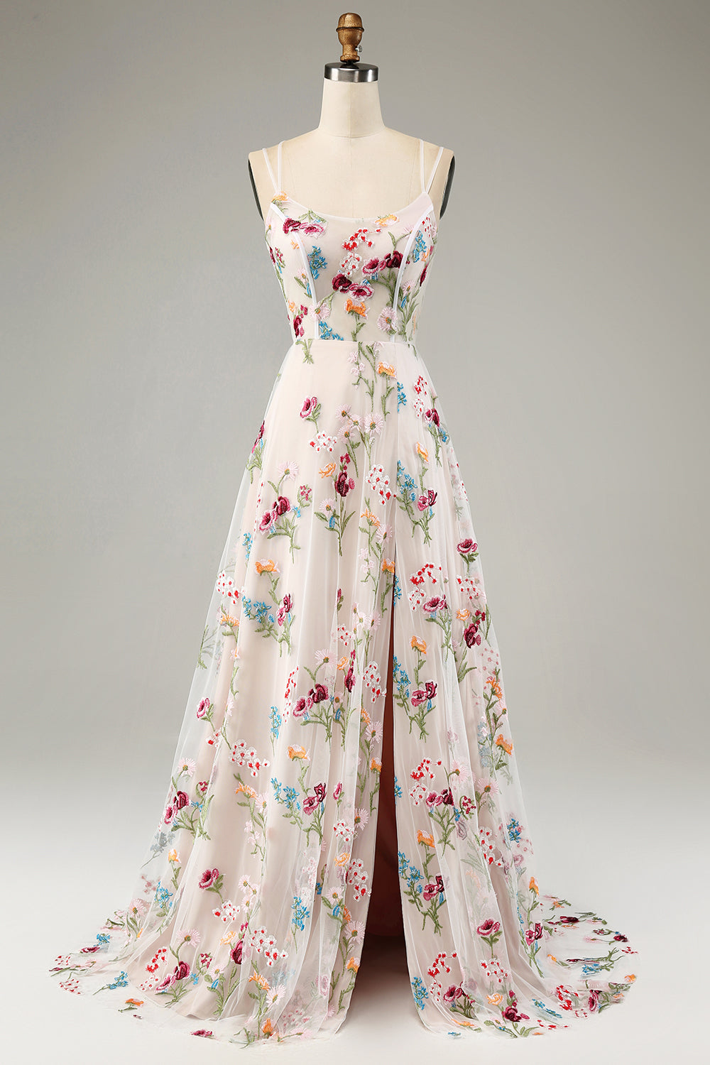 Avorio Fiore A-Line Spalline sottili Corsetto Abito Lungo cerimonia Con Fessura